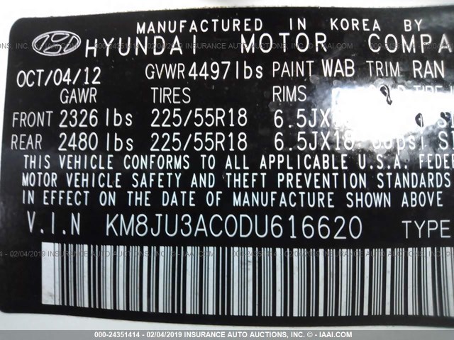 KM8JU3AC0DU616620 - 2013 HYUNDAI TUCSON GLS/LIMITED WHITE photo 9