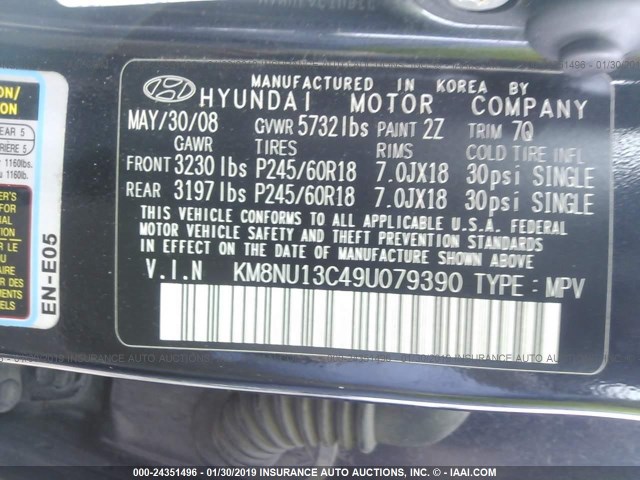 KM8NU13C49U079390 - 2009 HYUNDAI VERACRUZ GLS/SE/LIMITED BLACK photo 9