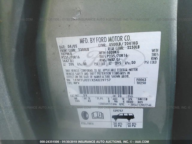 1FMYU031X5KE39757 - 2005 FORD ESCAPE XLT GREEN photo 9