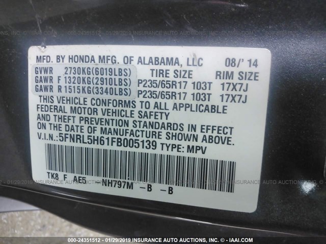 5FNRL5H61FB005139 - 2015 HONDA ODYSSEY EXL GRAY photo 9