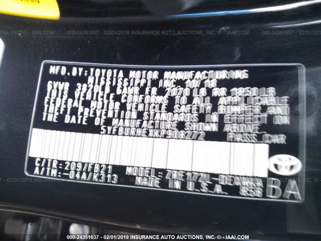 5YFBURHEXKP908272 - 2019 TOYOTA COROLLA L/LE/XLE/SE/XSE BLACK photo 9