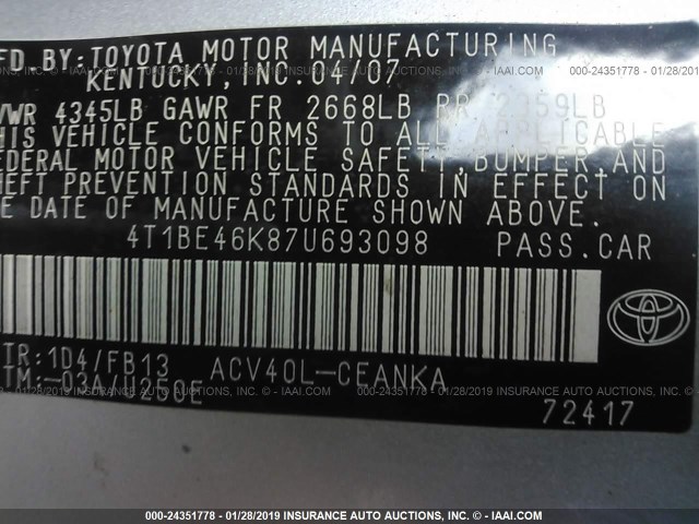 4T1BE46K87U693098 - 2007 TOYOTA CAMRY NEW GENERAT CE/LE/XLE/SE SILVER photo 9