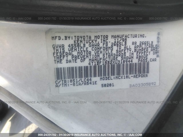 4T1BF18B2XU310944 - 1999 TOYOTA AVALON XL/XLS WHITE photo 9