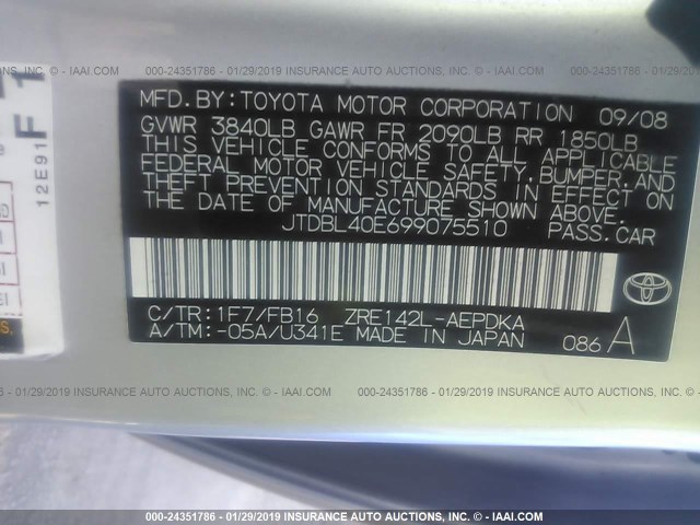 JTDBL40E699075510 - 2009 TOYOTA COROLLA LE/XLE SILVER photo 9