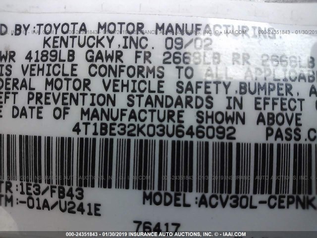 4T1BE32K03U646092 - 2003 TOYOTA CAMRY LE/XLE/SE GRAY photo 9