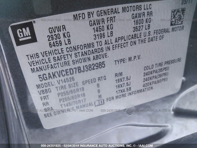 5GAKVCED7BJ382985 - 2011 BUICK ENCLAVE CXL SILVER photo 9