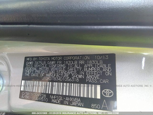 JTDKDTB34D1056318 - 2013 TOYOTA PRIUS C SILVER photo 9