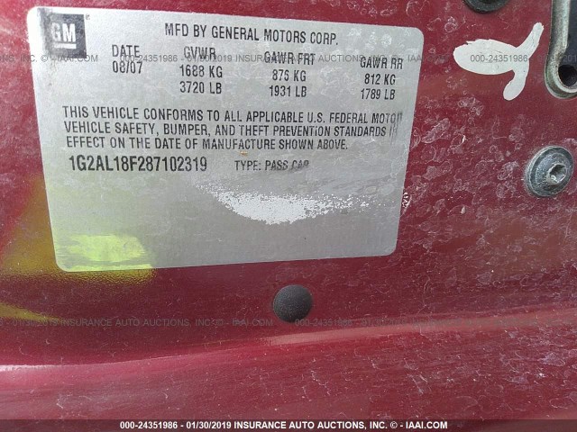 1G2AL18F287102319 - 2008 PONTIAC G5 MAROON photo 9