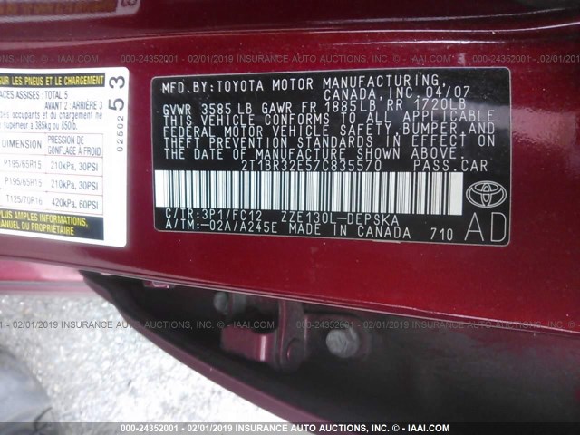 2T1BR32E57C835570 - 2007 TOYOTA COROLLA CE/LE/S RED photo 9