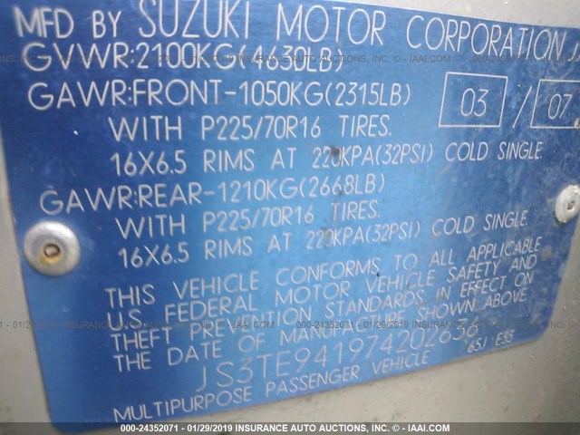 JS3TE941974202636 - 2007 SUZUKI GRAND VITARA  SILVER photo 9