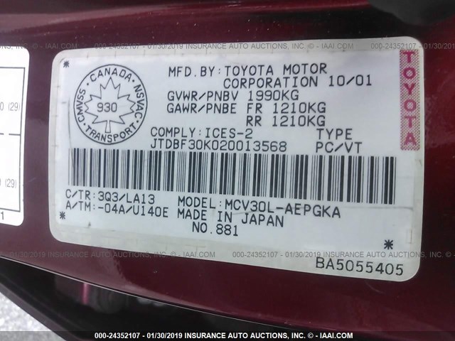 JTDBF30K020013568 - 2002 TOYOTA CAMRY LE/XLE/SE RED photo 9