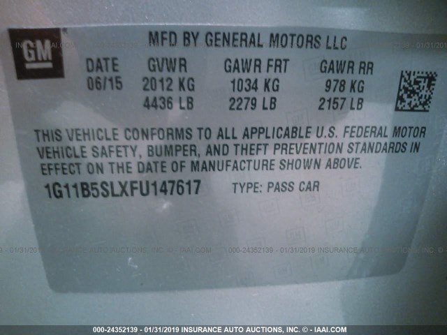 1G11B5SLXFU147617 - 2015 CHEVROLET MALIBU LS SILVER photo 9