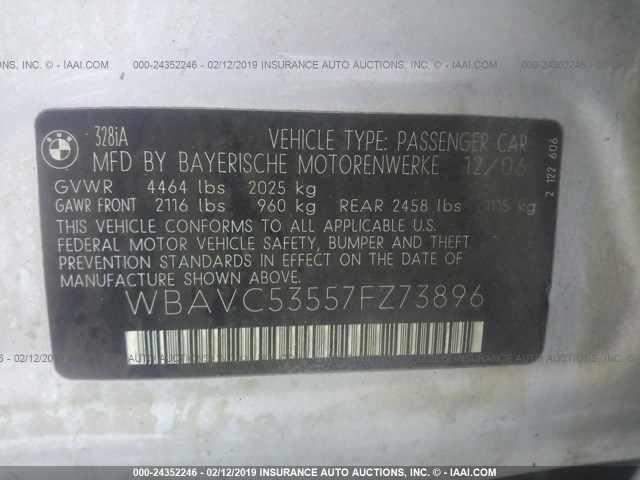WBAVC53557FZ73896 - 2007 BMW 328 I SULEV SILVER photo 9