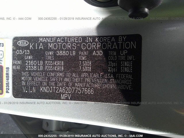 KNDJT2A62D7757666 - 2013 KIA SOUL +/!/SPORT SILVER photo 9