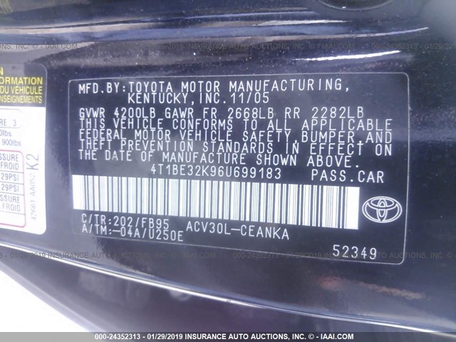 4T1BE32K96U699183 - 2006 TOYOTA CAMRY LE/XLE/SE BLACK photo 9
