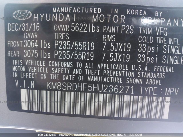 KM8SRDHF5HU236271 - 2017 HYUNDAI SANTA FE SE/LIMITED SILVER photo 9