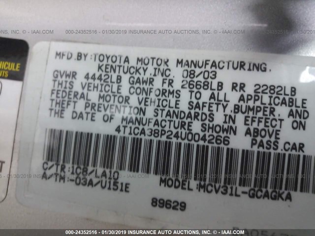 4T1CA38P24U004266 - 2004 TOYOTA CAMRY SOLARA SE/SLE ვერცხლისფერი ფოტო 9