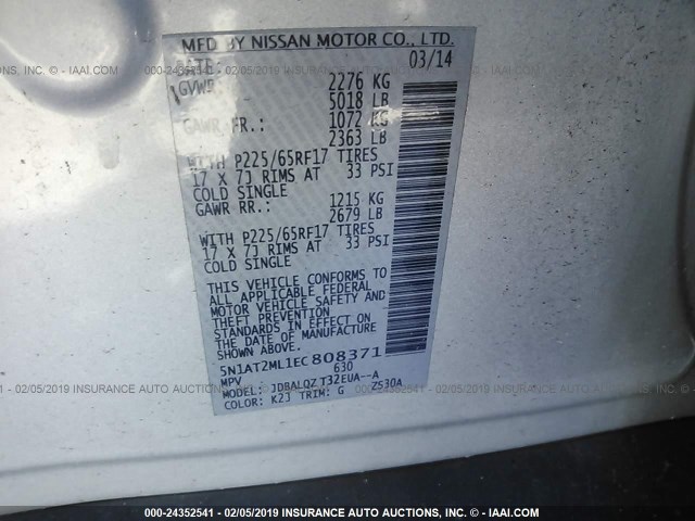 5N1AT2ML1EC808371 - 2014 NISSAN ROGUE S/SL/SV SILVER photo 9