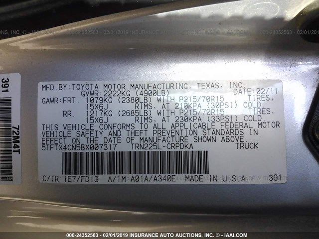 5TFTX4CN5BX007317 - 2011 TOYOTA TACOMA ACCESS CAB SILVER photo 9