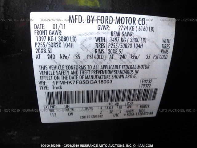 1FMHK7F85BGA18003 - 2011 FORD EXPLORER LIMITED BLACK photo 9