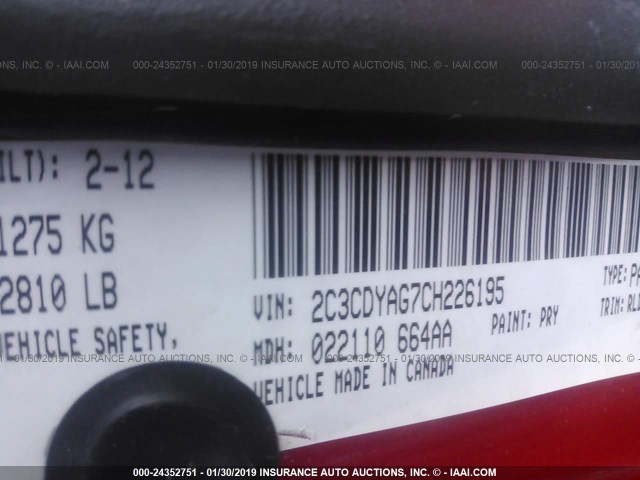 2C3CDYAG7CH226195 - 2012 DODGE CHALLENGER SXT RED photo 9