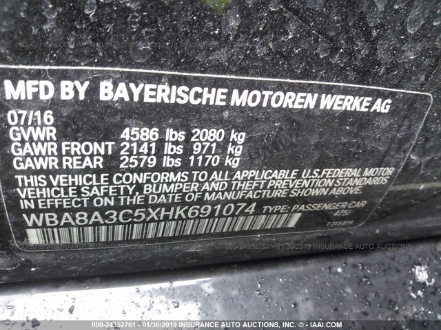 WBA8A3C5XHK691074 - 2017 BMW 320 XI BLACK photo 9