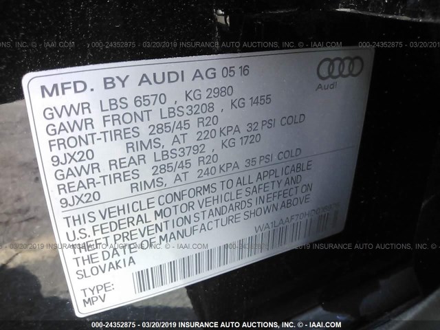 WA1LAAF70HD016976 - 2017 AUDI Q7 PREMIUM PLUS BLACK photo 9