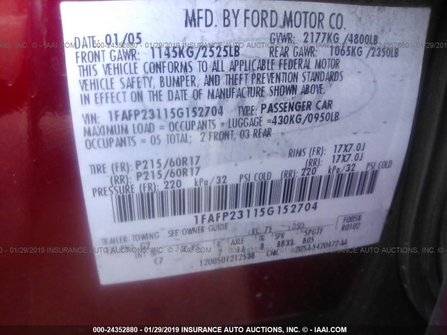 1FAFP23115G152704 - 2005 FORD FIVE HUNDRED SE RED photo 9