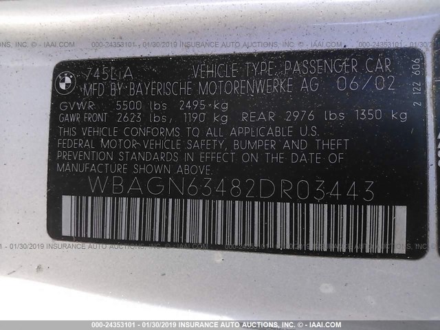 WBAGN63482DR03443 - 2002 BMW 745 LI SILVER photo 9