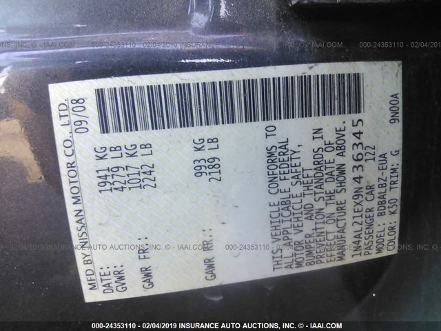 1N4AL21EX9N436345 - 2009 NISSAN ALTIMA 2.5/2.5S GRAY photo 9