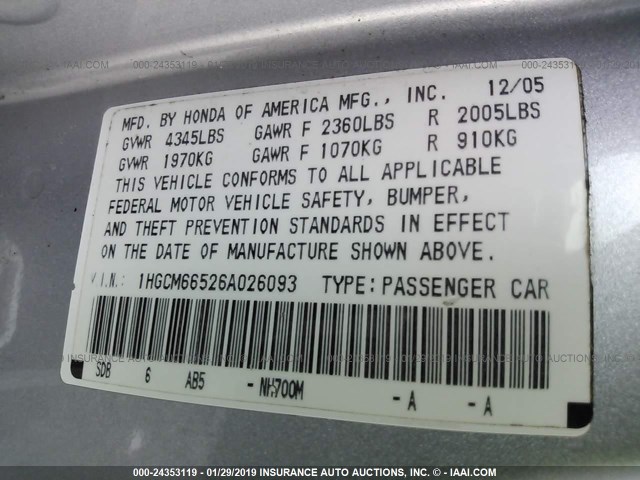 1HGCM66526A026093 - 2006 HONDA ACCORD EX SILVER photo 9