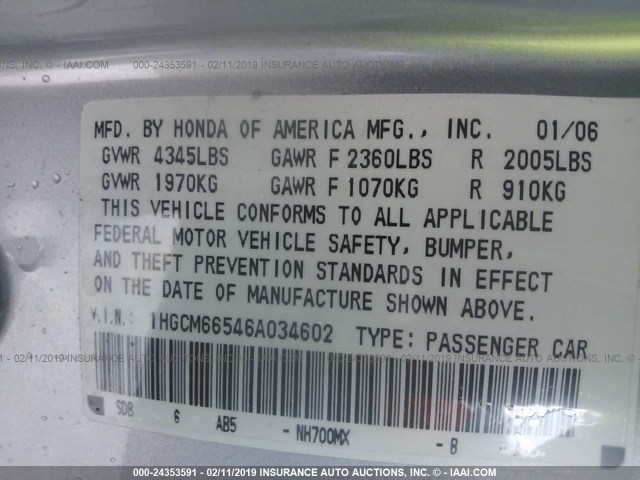 1HGCM6656A034602 - 2006 HONDA ACCORD SILVER photo 9