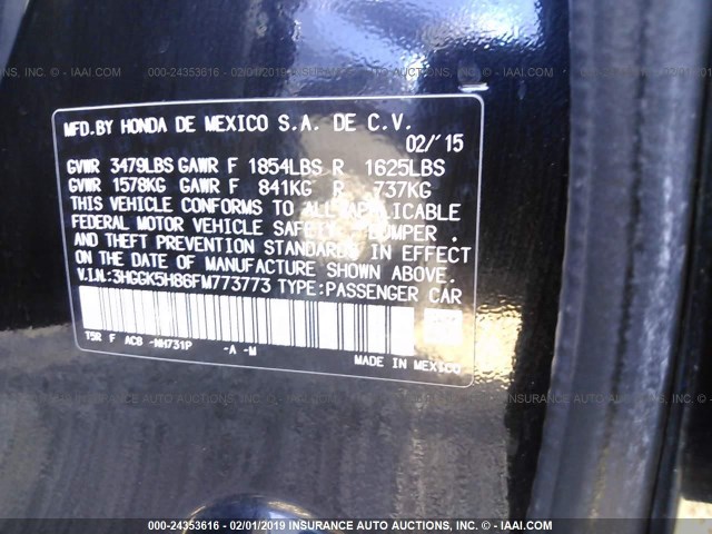 3HGGK5H86FM773773 - 2015 HONDA FIT EX/EXL BLACK photo 9