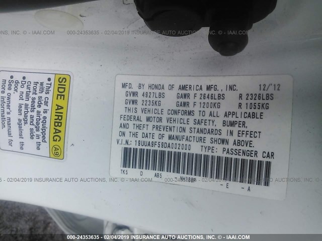 19UUA9F59DA002000 - 2013 ACURA TL TECH WHITE photo 9