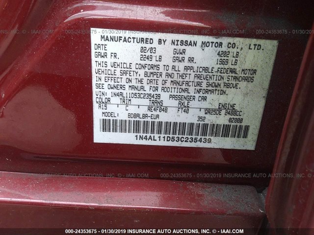 1N4AL11D53C235439 - 2003 NISSAN ALTIMA S/SL BURGUNDY photo 9