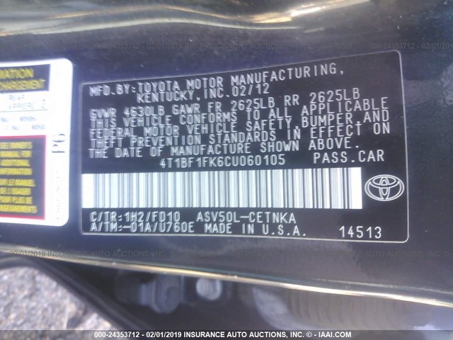 4T1BF1FK6CU060105 - 2012 TOYOTA CAMRY SE/LE/XLE 黑色 照片 9