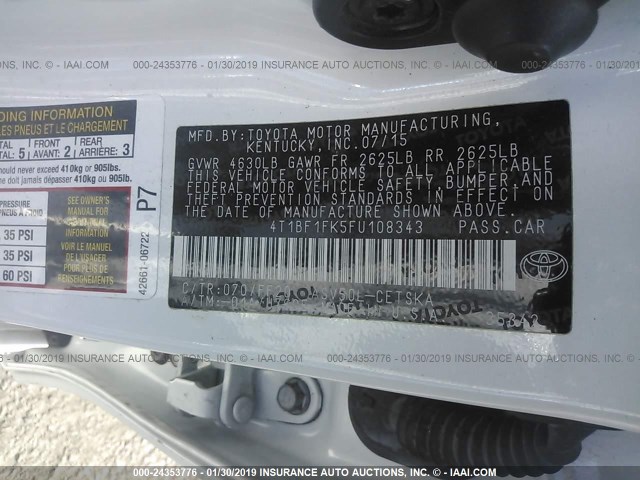 4T1BF1FK5FU108343 - 2015 TOYOTA CAMRY LE/XLE/SE/XSE WHITE photo 9