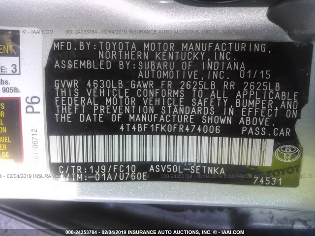 4T4BF1FK0FR474006 - 2015 TOYOTA CAMRY LE/XLE/SE/XSE SILVER photo 9