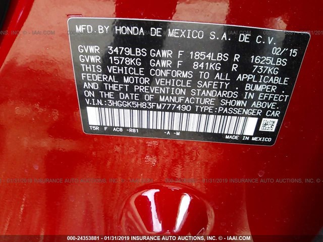 3HGGK5H83FM777490 - 2015 HONDA FIT EX/EXL RED photo 9