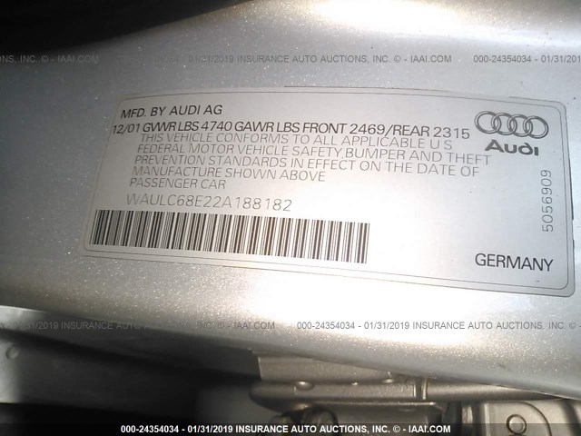 WAULC68E22A188182 - 2002 AUDI A4 1.8T QUATTRO SILVER photo 9