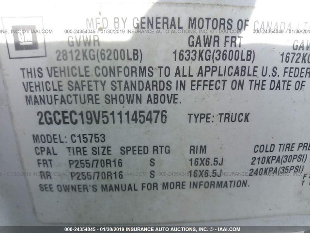 2GCEC19V511145476 - 2001 CHEVROLET SILVERADO C1500 WHITE photo 9