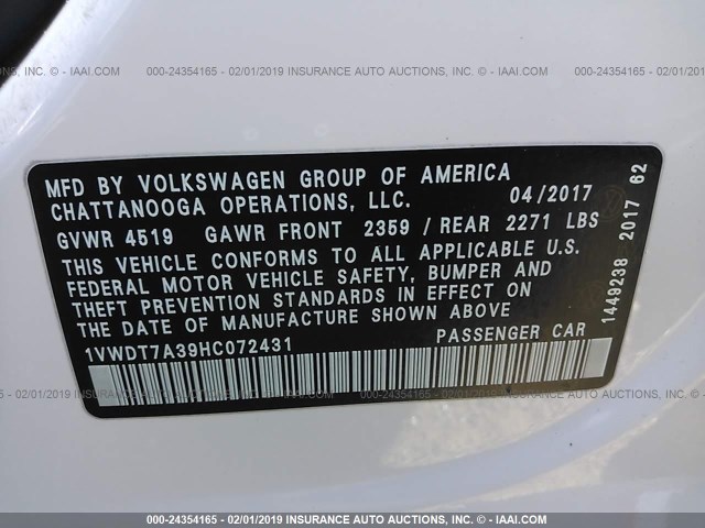 1VWDT7A39HC072431 - 2017 VOLKSWAGEN PASSAT R-LINE WHITE photo 9