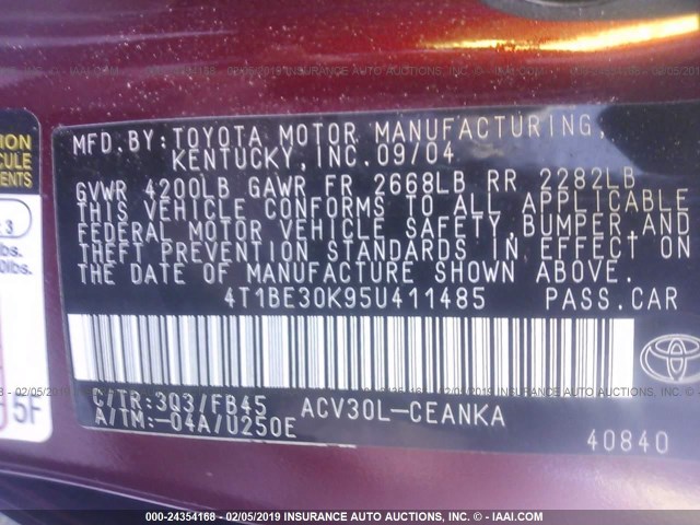 4T1BE30K95U411485 - 2005 TOYOTA CAMRY LE/XLE/SE RED photo 9