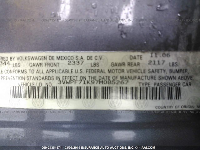 3VWPF71K97M085267 - 2007 VOLKSWAGEN JETTA 2.5 GRAY photo 9