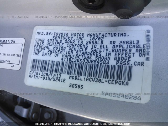 4T1BE30K03U654583 - 2003 TOYOTA CAMRY LE/XLE/SE SILVER photo 9