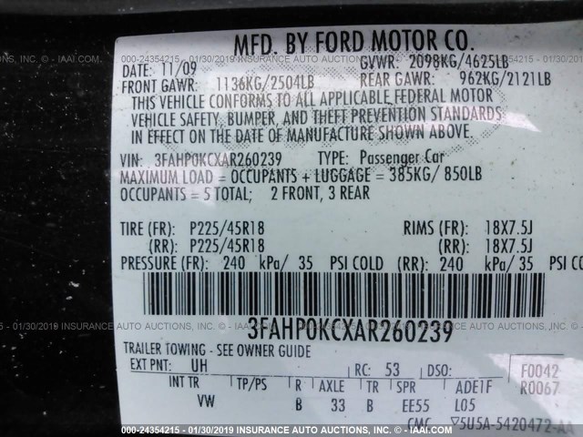 3FAHP0KCXAR260239 - 2010 FORD FUSION SPORT BLACK photo 9