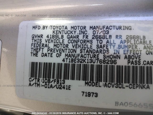 4T1BE32K13U768296 - 2003 TOYOTA CAMRY LE/XLE/SE SILVER photo 9