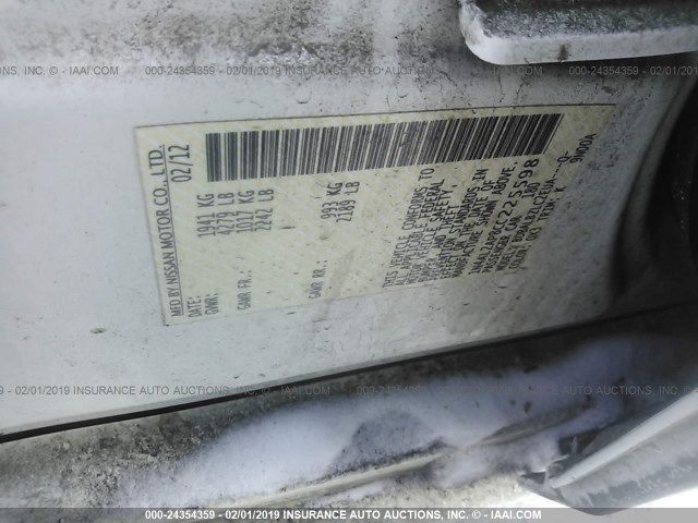 1N4AL2AP8CC225598 - 2012 NISSAN ALTIMA S WHITE photo 9