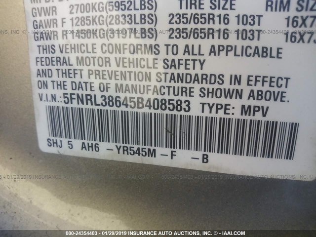 5FNRL38645B408583 - 2005 HONDA ODYSSEY EXL GOLD photo 9