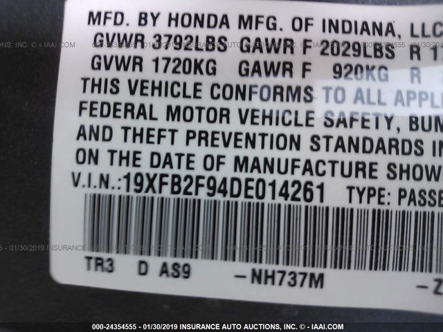 19XFB2F94DE014261 - 2013 HONDA CIVIC EXL GRAY photo 9